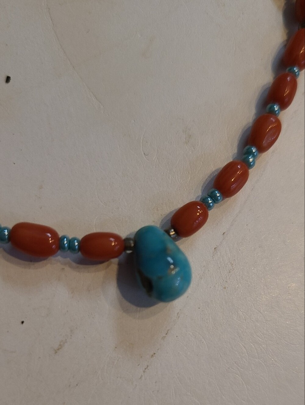 Beaded Coral Colored Necklace with Turquoise Colored Accent - Picture 2 of 3